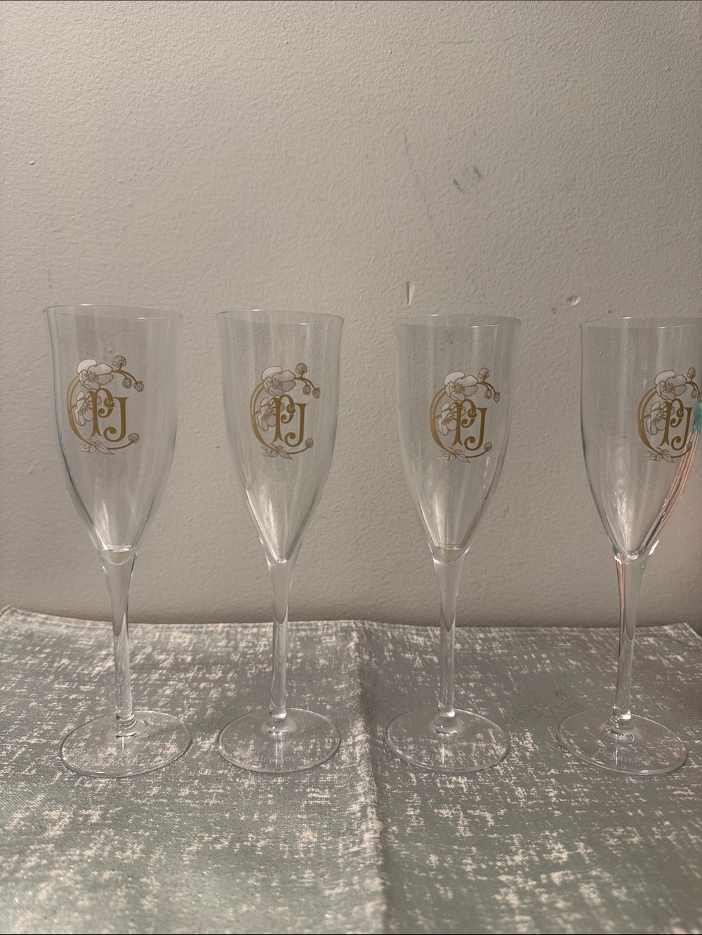 Vintage Perrier Jouët Flower PJ Printed Monogram Champagne Glasses Set 4 Monogra